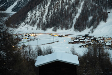 Town of Livigno in winter. Livigno landscapes in Lombardy, Italy, located in the Italian Alps, near the Swiss border.