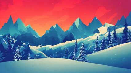 illustration style, Stunning, snowy mountain range