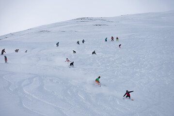 Freeride group in powder, snowboarding in alpes resort in winter. Snowboard freeride i deeep powder...
