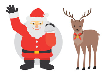 手を振るサンタクロースとトナカイのイラストのセット
