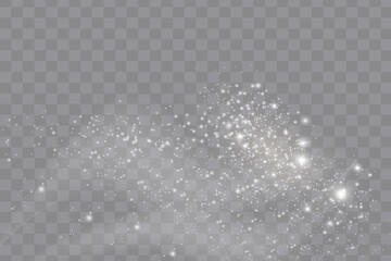 The dust sparks and golden stars shine with special light. Vector sparkles on a transparent background. Christmas light effect.