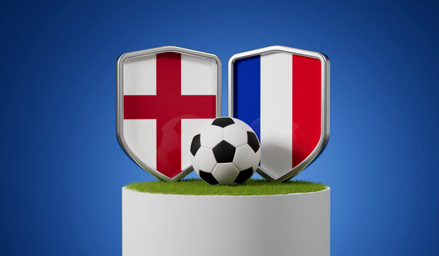 England vs France soccer shields with football ball on a grass podium. 3D Rendering