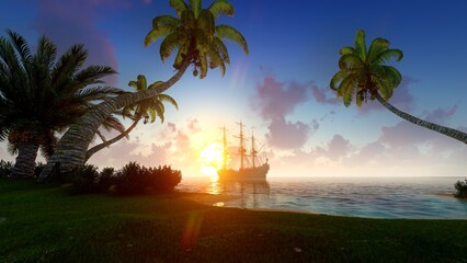 Vintage sailing ship near a tropical island © MICHAEL KUK