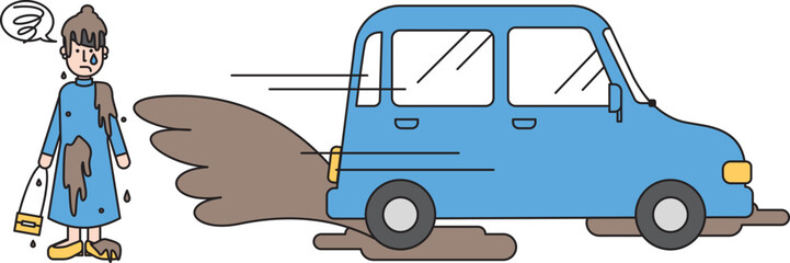 泥をはねられた女性と自動車