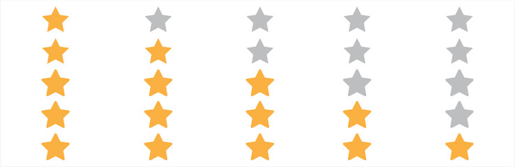 Five stars rating sign and symbol. Customer review or feedback icon isolated on white background. Five stars rating icon. Vector illustration.