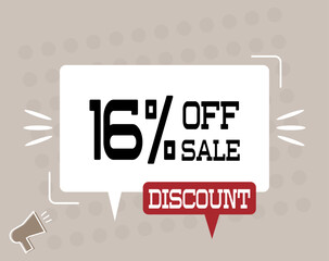 16% off sale discount. Megaphone banner with chat bubble. Discount offer price sign for products and services