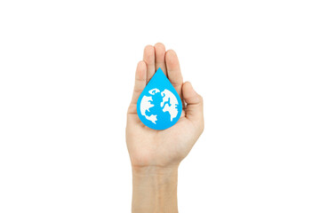 Hands holding water drop paper cut, Washing hand, Hand sanitizer and Hygiene for covid pandemic. World water day, Save water, Renewable energy concept.