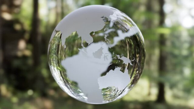 Rotating globe made of glass in a forest area - 3D Animation - 3D Rendering