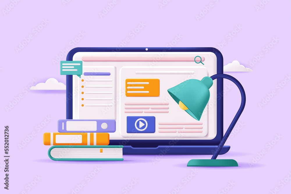 Sticker education and e-learning concept 3d illustration. icon composition with site interface with educatio