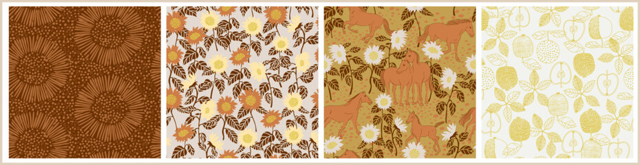 Horses and sunflowers seamless pattern, vector animal and floral collection - 552012749