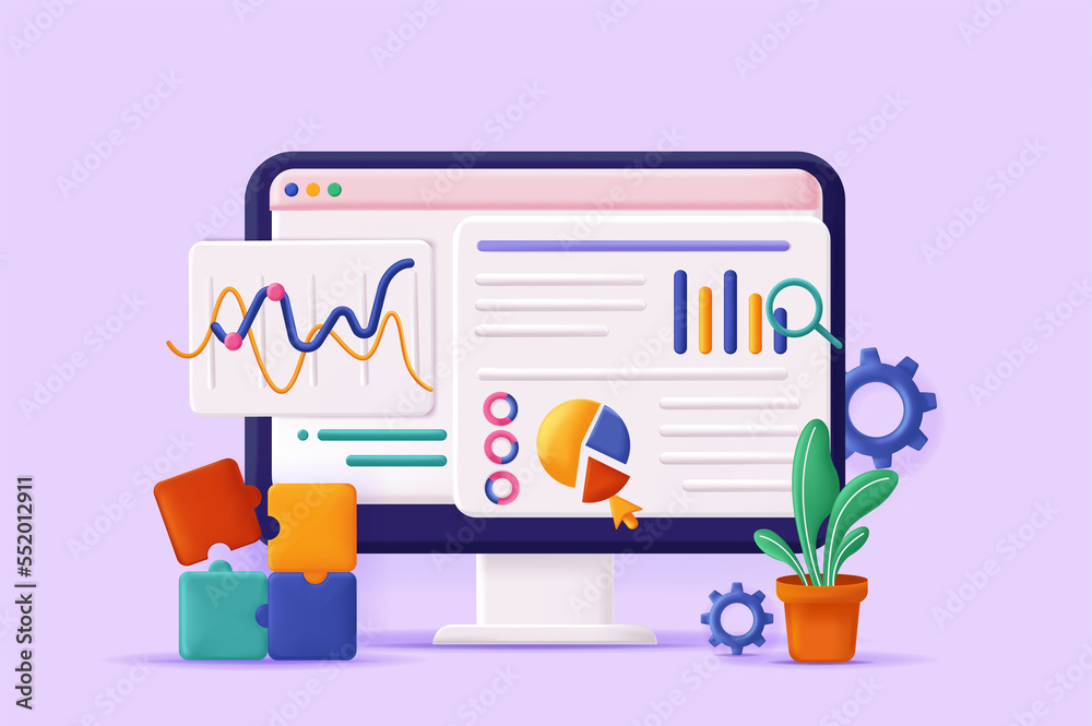 Aufkleber Seo analysis concept 3D illustration. Icon composition with site interface with data and statistics. Search engine optimization, website promotion strategy. Illustration for modern web design