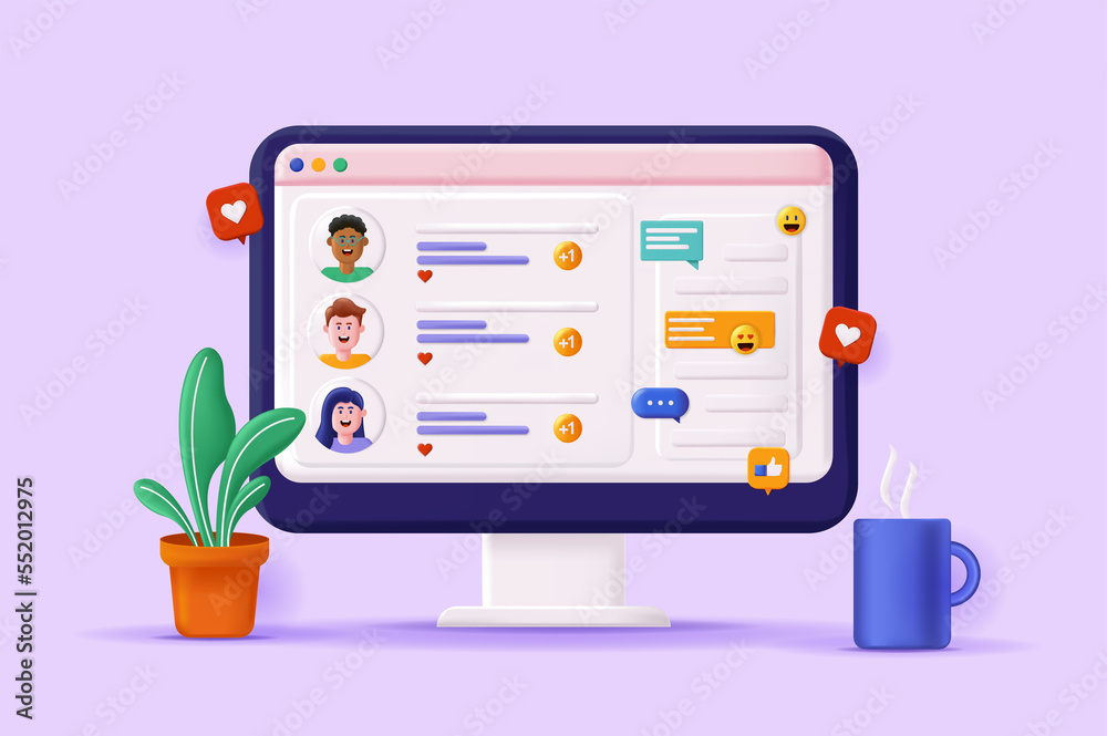 Aufkleber Social network concept 3D illustration. Icon composition with website interface with user profiles and online chat program. Online communication at computer. Illustration for modern web design