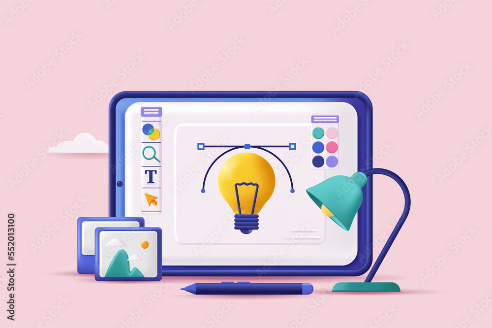Poster Web design concept 3D illustration. Icon composition with program interface for drawing graphic elements for site layout. Professional software for designer. Illustration for modern web design
