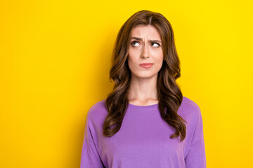 Portrait photo of young unsure minded deep think woman pouted lips look empty space dont know how...