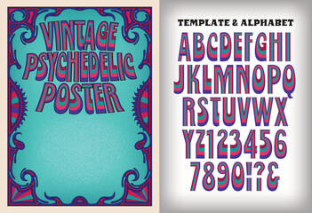 A psychedelic sixties poster template in vintage hippie style, with a matching alphabet design.