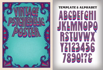 Outdoor-Kissen A psychedelic sixties poster template in vintage hippie style, with a matching alphabet design. © Mysterylab