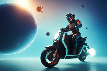 Astronaut is riding a motorcycle in outer space between planets