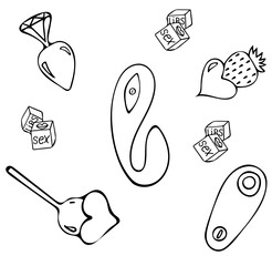 Seamless pattern with sex shop. Black and white thin line icons
