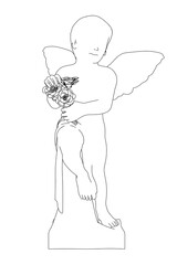 Outline of a baby angel with wings and flowers in hands from black lines isolated on a white background. 3D. Vector illustration.