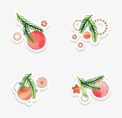 set of christmas watercolor elements stickers with christmas balls