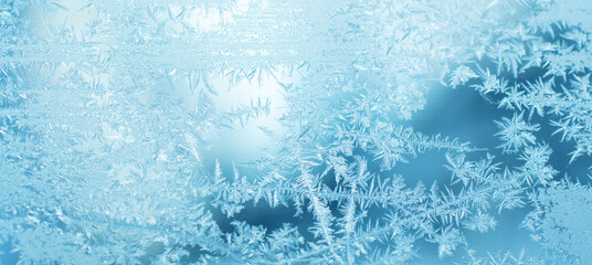 frost on blue glass window background - obrazy, fototapety, plakaty