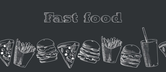 Hand drawn fast food seamless banner. Soda, pizza, burger and french fries drawing. Fast food vector hand drawn set. Great for label, menu, poster, banner, voucher, coupon