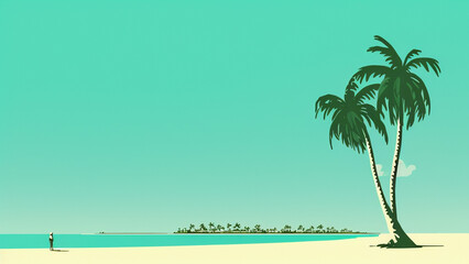 Fototapeta na wymiar illustration style, Lush, tropical island paradise with crystal-clear waters and palm trees