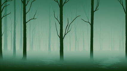 illustration style, Mystical, foggy forest with towering trees and a babbling brook