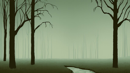 illustration style, Mystical, foggy forest with towering trees and a babbling brook