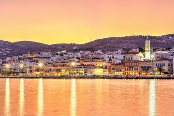 Fototapeta na wymiar The sunset at the port of Hermoupolis in Syros, Greece