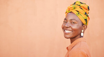 African, culture and portrait of happy black woman with pride in unique tradition, origin and South...