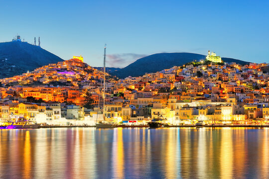 The dusk at the port of Hermoupolis in Syros, Greece