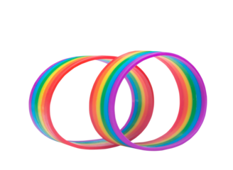 Two colorful rainbow wristband, lgbtq+ people symbol isolated on white background with clipping path in png file format. Concept of lgbtq+ wristband wearing to support and attend celebration event