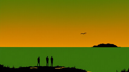 Fototapeta na wymiar illustration style, Glowing, warm sunset over a serene ocean view