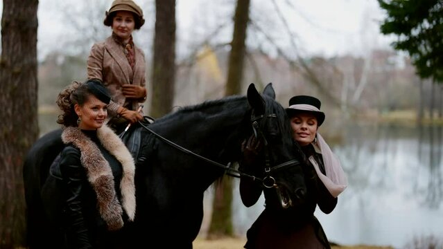 cinematic historical reconstruction about 19 century, three noblewomen and english stallion