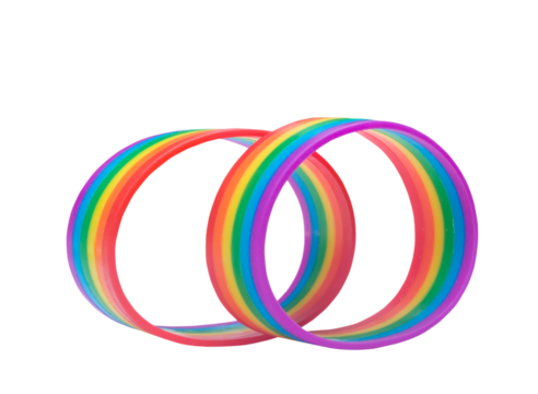 Two colorful rainbow wristband, lgbtq+ people symbol isolated on white background with clipping path in png file format. Concept of lgbtq+ wristband wearing to support and attend celebration event