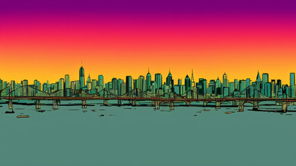 Fototapeta na wymiar illustration style, Stunning, vibrant sunset over a city skyline with twinkling lights