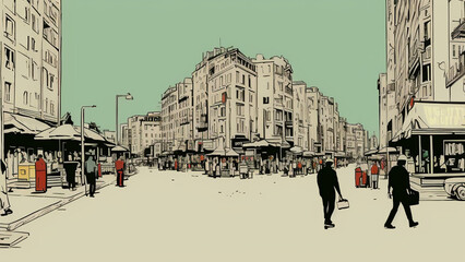 illustration style, Vibrant, bustling city street with shops, restaurants, and people
