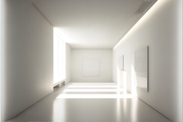 White gallery room with minimal interior design. White frames hanging on the wall. Museum realistic mockup.