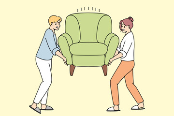 Man, woman install heavy armchair after moving to new apartment. Family members rearranges furniture in house. Wife, husband changing place of arm chair. Vector contour line colorful illustration.