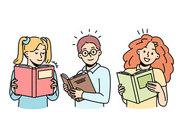 Curious children love to read paper books. Portraits of smart schoolchildren looking at open encyclopedias. Boy, girls hold textbook in hands. Vector outline colorful set isolated on white background.