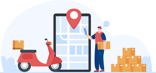Parcel delivery staff checking the delivery location. Tracking online delivery using mobile. Illustration