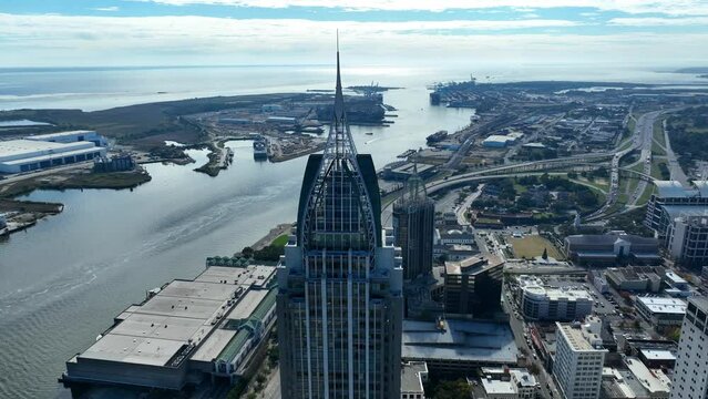 Mobile Alabama and aerial view of Mobile Bay and Gulf Coast City. Aerial orbit of downtown.