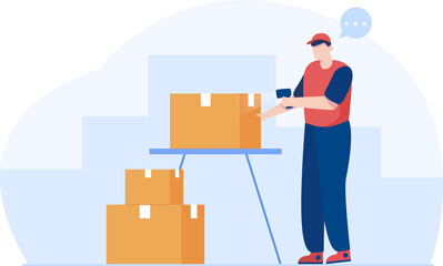 Warehouse Worker scanning parcel barcode. Illustration