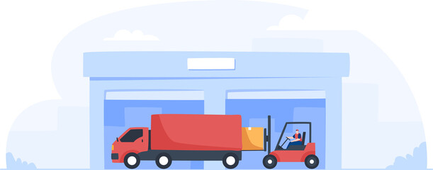 Worker loading packages on truck. Man driving forklift. Vector illustration