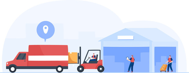 Naklejka premium Worker loading packages on truck. Male Worker Arranging Boxes In Warehouse. Transport vehicle. Vector illustration