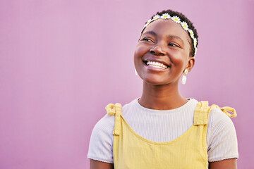 Black woman, beauty and flower headband on a pink background with a smile, happiness and hope for...