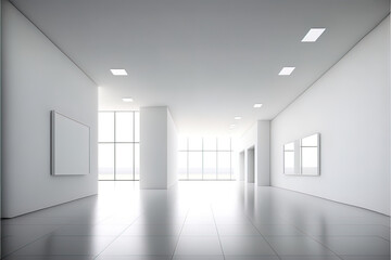 White gallery room with minimal interior design. White frames hanging on the wall. Museum realistic mockup.