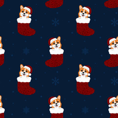 Seamless pattern with corgis in christmas sock. Background for wrapping paper, greeting cards and seasonal designs. Merry Christmas and Happy new year.