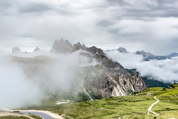 Famous Tre Cime di Lavaredo at summer time. Landscape of Alps Mountains. Dolomites, Alps, Italy, Europe (Drei Zinnen)